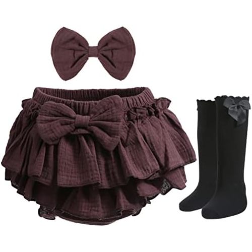 Newborn Baby Girl Cotton Skirts with Built-in Shorts Toddlers Ruffle Diaper Covers Infant Skorts with Bows Headband