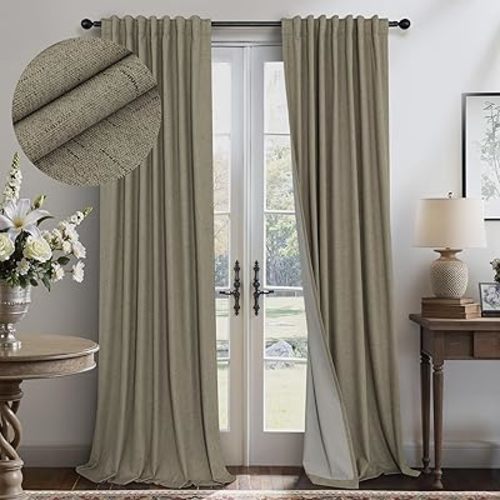 Taupe Blackout Curtains 90 Inches Long Thick Linen Patio Curtain for Sliding Glass Doors Neutral Cottagecore Home Decor Living Room Darkening Energy Saving Drape Window Coverings 52x90 Length 2 Panels