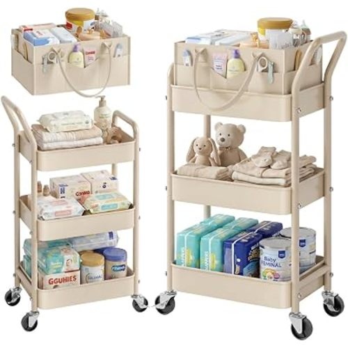 3 Tier Baby Diaper Caddy Organizer Cart with Detachable Dividers and Wheels