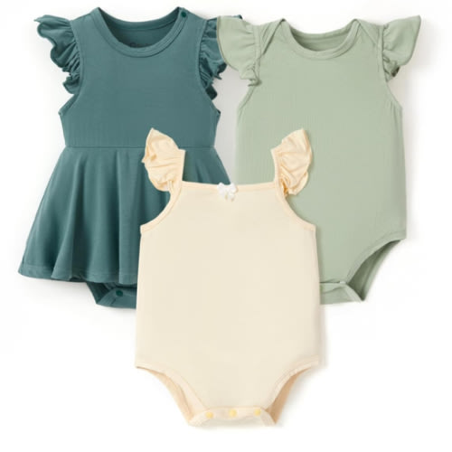 PATPAT Baby Girl Bodysuits - Soft Bamboo Viscose - Flutter Sleeves Cute Dress - Newborn Infant Summer Clothes - 3 Pack