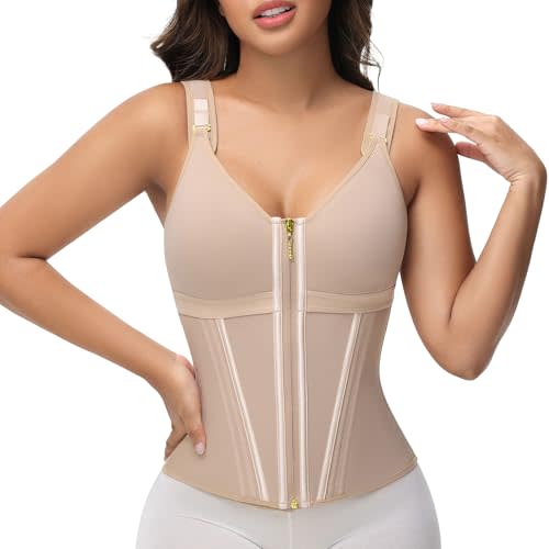 SHAPSHE Waist Trainer Corset for Women Tummy Control Body Shaper with Bra | 17 Steel Bones Back Support,Zipper and Hooks Double-Layer Closure,Adjustable Fabric Compression for Workout Postpartum