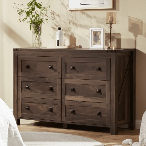 CHITOOMA Wooden Dressers for Bedroom 6 Drawer Adult, 47.2" Storage Cabine with Double Handle, Chest of Drawers for Living Room Hallway, Walnut