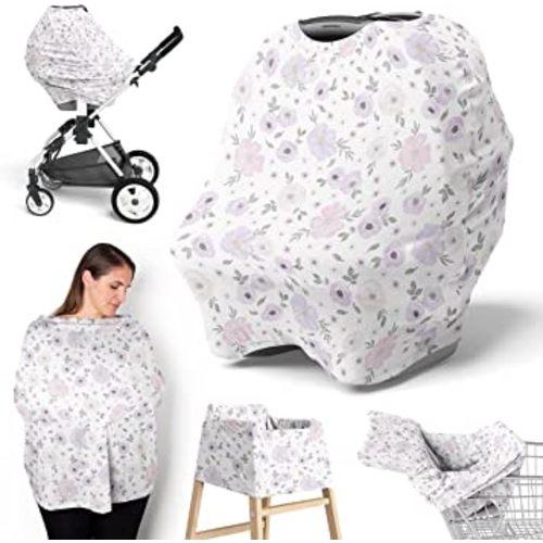 Sweet Jojo Designs Purple Watercolor Floral Girl Infant Baby Car Seat Cover Nursing Breastfeeding Shopping Cart Stroller Canopy Lavender Pink and Grey Boho Bohemian Shabby Chic Rose Flower Farmhouse