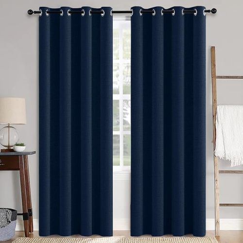 MIULEE 100% Blackout Linen Textured Curtains for Bedroom Solid Thermal Insulated Midnight Blue Grommet Room Darkening Curtains & Drapes Luxury Decor for Living Room Nursery 52 x 84 Inch (2 Panels)