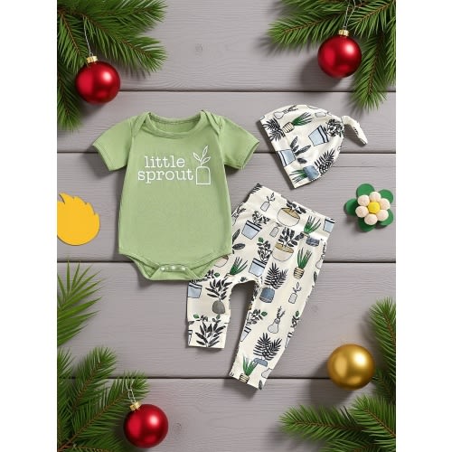 set outfits babies short sleeve romper plant - Temu