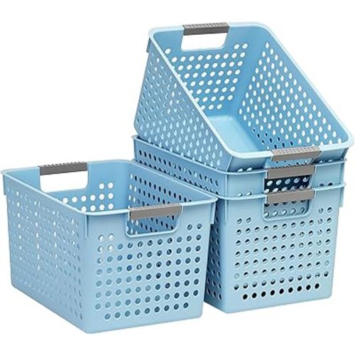 Soddeph 4 Pack Plastic Deep Storage Basket with Handles, Cubbies Organizer Bins with Hollow Design for Under Counter, Closet, Kitchen or Bathroom 12.3" × 8.7" × 6.9" (Blue, Medium)
