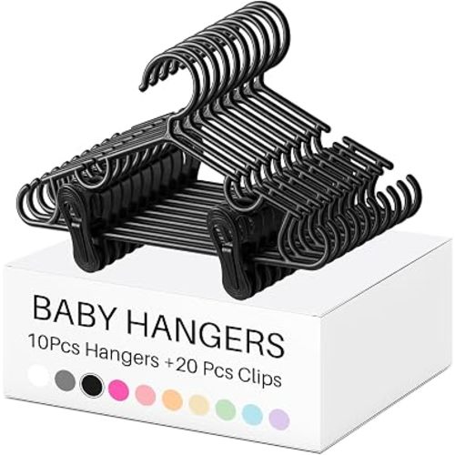 Hsei 5/10/40 Pack Baby Hangers with 10/20/80 Clips Plastic Kids Pants Hanger for Newborn Nursery/Daycare/Preschool Closet/Wardrobe Organizer Baby Shower Party(30 Packs Total,Black,10.6 Inch)
