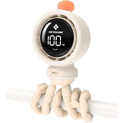 TRELC Baby Stroller Fan Large, Portable Bladeless Fan, 1-100 Speeds Quiet Turbo Desk Fan with LED Display & Night Light, 3800mA Rechargeable Cooling Fans for Office, Travel, Crib, Car Seat (Beige)