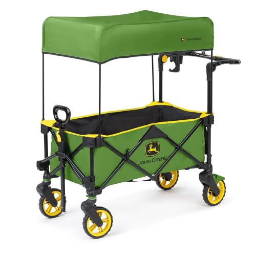 Bright Starts John Deere Pop 'N Ride Stroller Wagon, Foldable with Sun Shade 50+ SPF Protection, Seats 2 Kids at Once, Green & Yellow Unisex