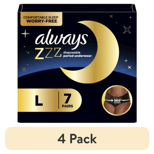 (4 pack) Always ZZZ Overnight Disposable Period Underwear Size L, Women, 7 Count