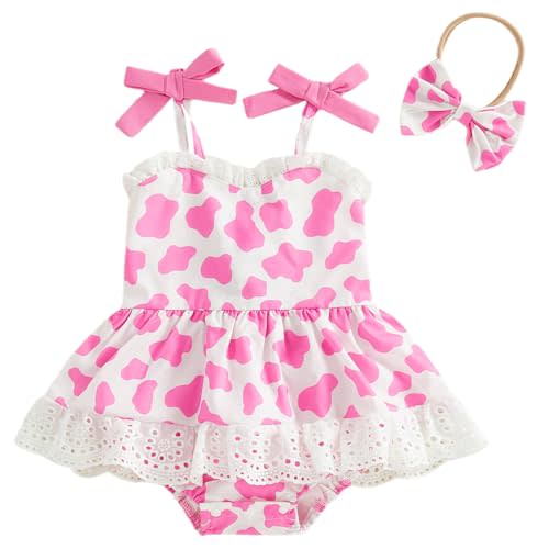 Infant Baby Girls Western Cowgirl Romper Cow Print Sleeveless Straps Ruffle Dress Bodysuit with Headband
