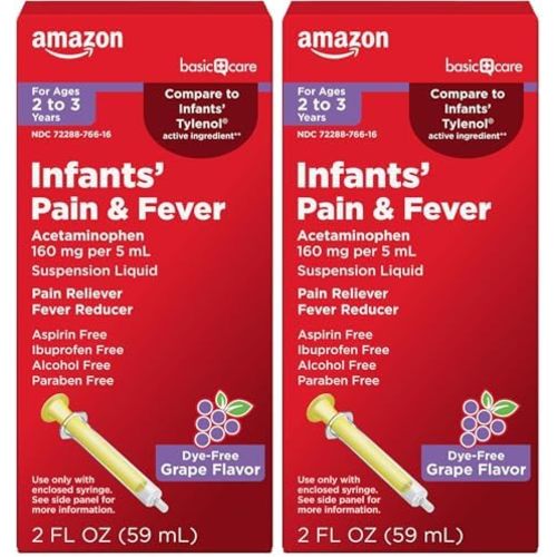 Amazon Basic Care Infants' Pain & Fever,Acetaminophen 160 mg per 5 mL,Suspension Liquid,Dye-Free Grape Flavor,2 fl oz,(Pack of 2)