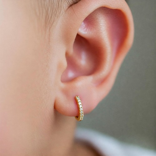 Gold Huggie Hoop Earrings CZ Pave 925 Sterling Silver - Baby & Kids Hypoallergenic Earring