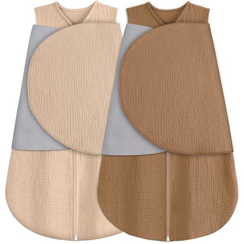 Newborn Sleep Sack Baby Swaddle,100% Muslin Cotton,3-Way Adjustable Wearable Blanket,Swaddling Sleeping Bag (2, Beige & Khaki, 3-6 Months)