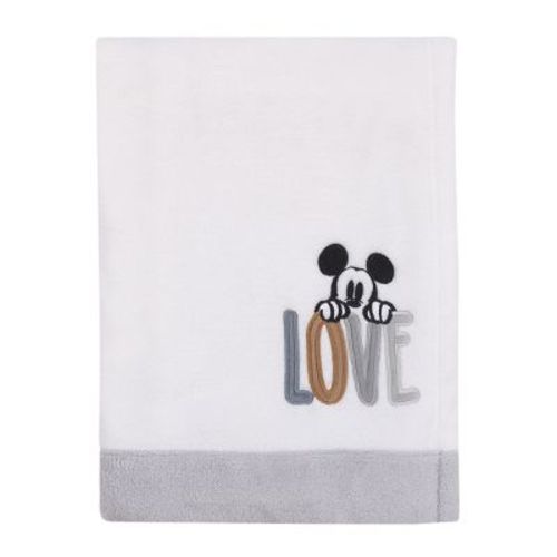 NoJo Disney Mickey Mouse Love Mickey White, Gray, and Tan Love Applique Super Soft Baby Blanket