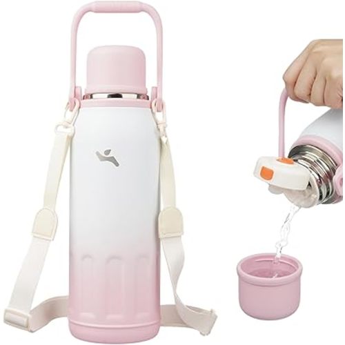 Botella de agua aislada con asa y correa, vaso de viaje al vacío con tapa de taza, taza de café térmica para bebidas frías y calientes, 50 onzas, perla rosa