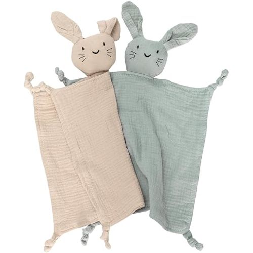 Organic Cotton Muslin Bunny Lovey Blanket, Soft & Breathable Security Blanket for Newborns, Unique Baby Gifts for Boys and Girls, 2 Pcs Set (Khaki&Green)