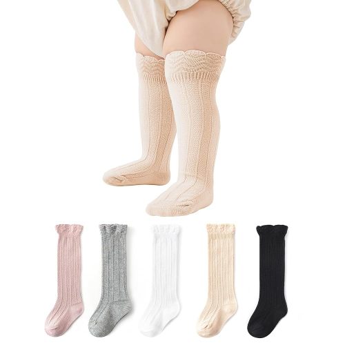 Zando Toddler Girls Knee High Socks 5-Pack, Soft Cotton Long Tube Ruffle Socks for Preemie Infant Newborn Toddler 0-3T