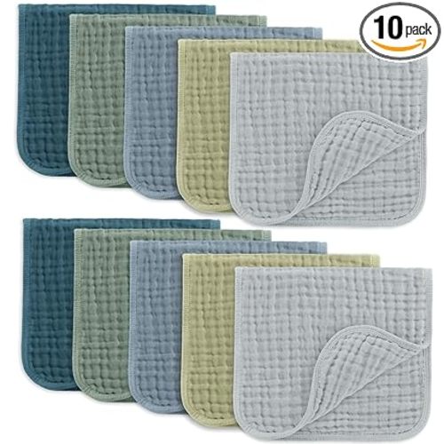 Comfy Cubs Muslin Burp Cloths 20" x 10", Pack of 10 - Large, 6-Layer, Ultra Absorbent 100% Cotton for Baby Drool and Messes - Soft, Safe & Gentle Baby Burp Cloths for Boys & Girls - Multi Boy