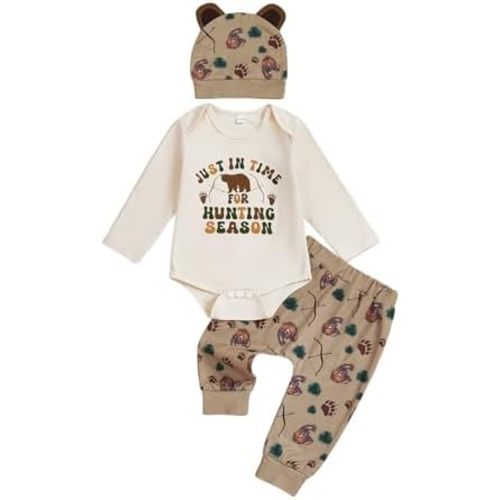 GOOCHEER Newborn Baby Boy Clothes Hunting Long Sleeve Romper Shirt Tops Pants Fall Winter Outfits Hat Set
