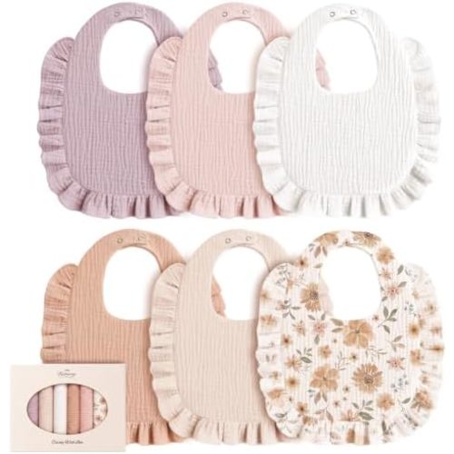 Konssy 6-Pack Muslin Baby Girl Bibs, 100% Soft Cotton Absorbent Drool Bibs