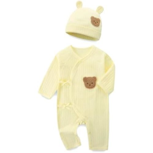 Baby Boy Romper with Hat 100% Cotton Girl Cute Bear Ribbed Long Sleeve Bodysuit