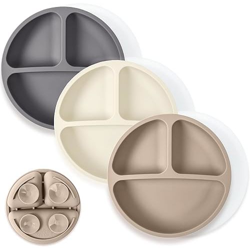 WeeSprout Suction Plates with Lids for Babies & Toddlers - 100% Silicone, Dinnerware Stays Put, Divided Design for Picky Eaters, Microwave & Dishwasher Friendly, 3 Pack