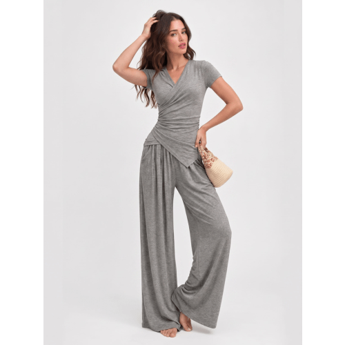 LikeMychoice Women's 2-Piece Casual Lounge Set - Soft Knit V-Neck Wrap Top, High-Waisted Wide-Leg Tummy Control Ruched Side Hem Pants, Womenswear Clothes Summer Outfit for Home, Travel - TikTok Shop