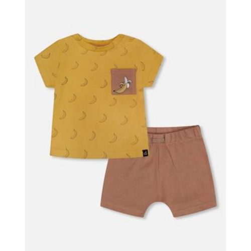 Deux par Deux Boy Printed Organic Cotton Top and Short Set Brown, Yellow, and Bananas - 6 Months