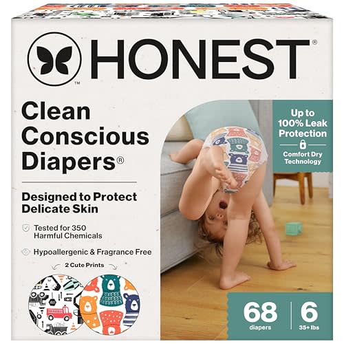 The Honest Company Clean Conscious Diapers for Sensitive Skin Up to 100% Leakproof Hypoallergenic Fragrance-Free Baby Gender Neutral Prints Super Club Box Size 6 (35 lbs) 68 Count