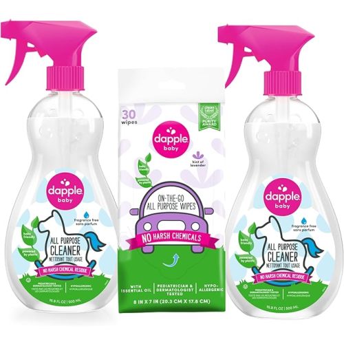 Dapple Baby All Purpose Cleaning Spray, Hypoallergenic for Toys, High Chairs, Swings, Counters, Powered by Plants, 1 Pump Included, Fragrance Free, 16.9 Fl Oz (Pack of 2) + 30 Count Wipes