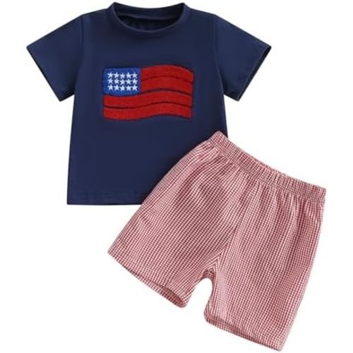 Toddler Baby Boy 4th of July Outfit Embroidery Short Sleeve T-Shirt Plaid Shorts Set 2Pcs Independence Day Clothes