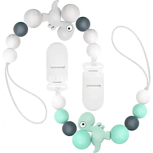 2 Pack Pacifier Clips Silicone Teething Beads Teether Toys for Baby Boys Girls Newborn, Dinosaur Soother Binky Clips Baby Shower and Baby Gift (Grey&Green)