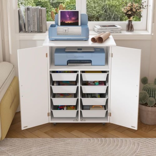 White 2-Door Craft Storage Cabinet Sewing Tables Craft & Hobby Storage Home Storage With 8 Baskets and Lockable Wheels
