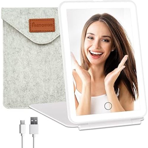 FUNTOUCH Rechargeable Travel Makeup Vanity Mirror with 72 LED Lights, Portable Lighted Beauty Mirror, 3 Lighting Modes, Dimmable Touch Screen, Tabletop Folding Cosmetic Mirror with Storage Bag
