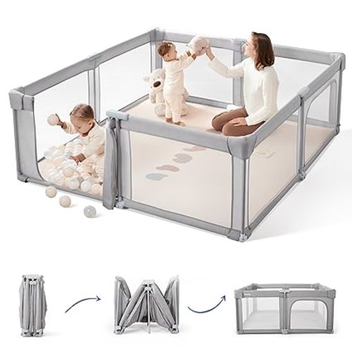 Sweeby Baby Playpen, 59x59 Inch Gate Foldable for Babies and Toddlers, Extra Large with Door Play Yard for Fence Indoor and Outdoor, Light Khaki