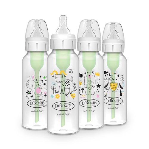 Dr. Brown's Natural Flow Anti-Colic Options+ Narrow Baby Bottle, 8 oz/250 mL, with Level 1 Slow Flow Nipple, BPA Free, 0m+, Squirrel, Goat, Bear, Owl, 4-Pack