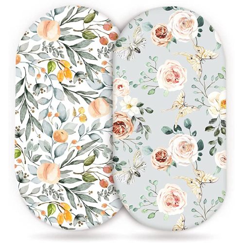 GRSSDER Stretchy Ultra Soft Fitted Bassinet Sheet Set 2 Pack for Girls Universal Fit for Baby Cradle Moses Basket Oval Rectangle Mattress, Watercolor Flowers and Fruits
