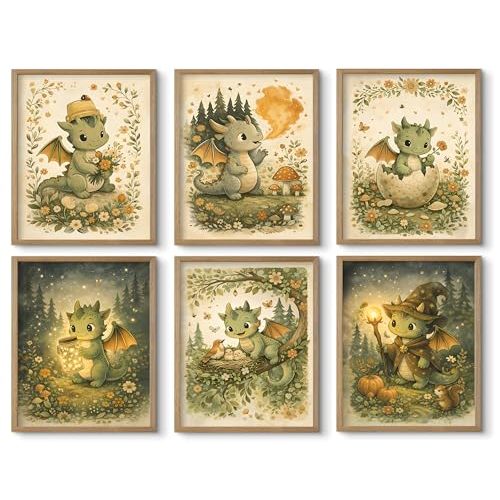 tgguytiy Vintage Nursery Dragon Wall Art - 6 Pcs Cute Baby Dinosaur Posters - Whimsical Woodland Fantasy Dragon Pictures - Storybook Style Canvas Prints for Kids Bedroom Playroom, 8x10 Inch Unframed