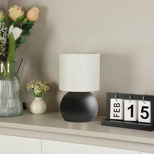 Modern Black Small Table Lamp with Cotton Linen Shade, 6.2×6.2×10.4 inch LED Desk Light, One-Button Switch for Bedroom, Living Room, Nightstand, Includes Warm Light Bulb