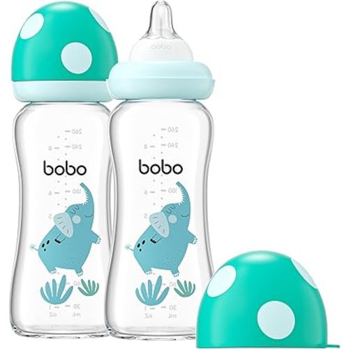 YOHKOH Natural Glass Baby Bottle with Level 2 Medium Flow Nipple, Newborn Anti-Colic Baby Bottles, Wide Neck Mushroom Baby Glass Bottle (8.8ounce (Pack of 2), Blue2)