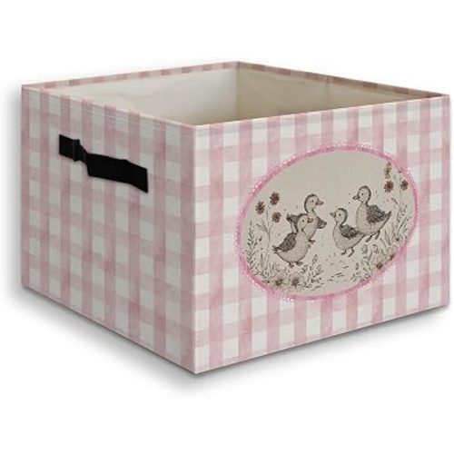Pink Duck Nursery Foldable Storage Bins Box with Handles, Preppy Pink Gingham Duck Farm Animals Collapsible Organizer Basket for Girl Nursery Room Bedroom Bathroom Clothes Toys Books