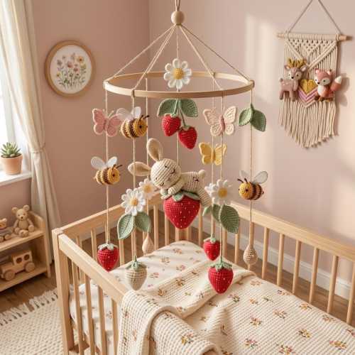 Crochet Strawberry Bunny Mobile | Spring Garden Crib Decor | V02M