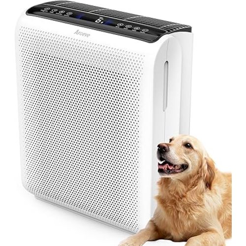 AROEVE Air Purifiers for Bedroom Home Large Room Up to 1504 Ft², 5 Layer Filter for Smoke Pollen Allergies Pet Dander Odor, Air Quality Monitor, Sleep Mode, Timer for Office, Dorm, Kitchen, MK07 White