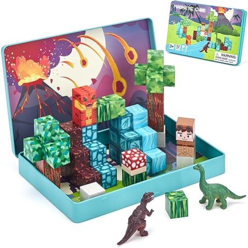 hahaland Mini Magnetic Blocks Travel Set with Magnetic Case - 52 PCS Magnet Building Cubes Dinosaur Toys for Kids 3-5 Toddler Travel Toys Airplane Essentials, Stem Toys 4 Year Old Boys 3 Year Old Gift