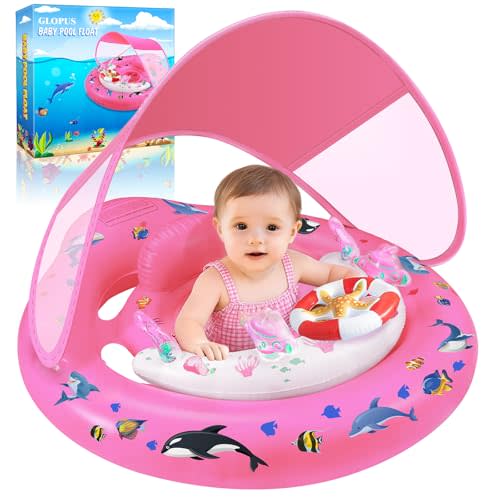 Baby Pool Float with Canopy Upf50+ Sun Protection, Baby Swimming Float | Inflatable Kids Pool Floats with Toy Play Console for Baby 6-36 Months, Infant Swimming Float with Adjustable Safety Seat