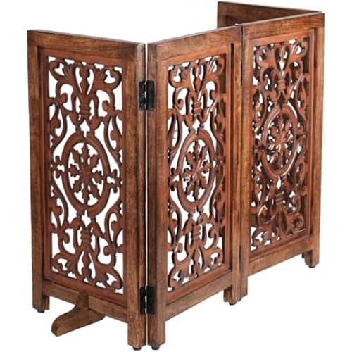 Decorative Wooden Pet Gate, Dog Fence, Cat Gate, Foldable, Adjustable, Portable, Extra-Wide, Wooden Dog Barrier, Free-Standing Puppy Gate 4 Panels for Indoor, Doorways, Stairs-26x52 Inch Antique Burnt
