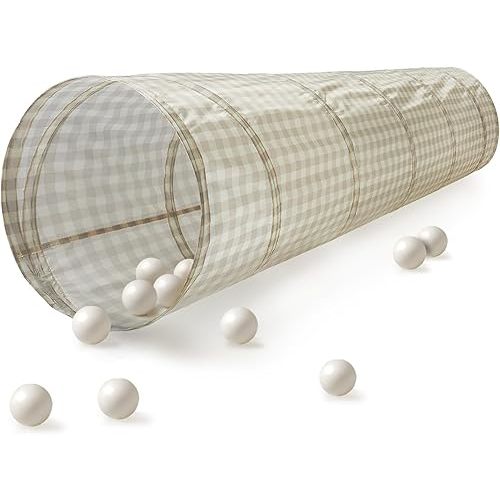 3 Sprouts Kids Play Tunnel - Pop Up Collapsible Tunnels with Recycled Fabric - Fun Crawling Tunnel for Toddler, Baby, Children to Crawl Through, Gross Motor Toy for Indoor Play - Gingham Beige