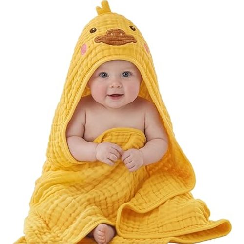 Blissful Diary Muslin Baby Hooded Towel 1 Pack, Soft & Absorbent Bath Towel for Infant, Toddler, Unisex, Baby Gift, Newborn Essentials, Sunny Duck