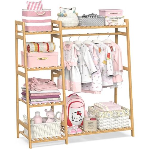 BAMBOOHOMIE Kids Clothing Rack with Shelves, Bamboo Clothes Garment Rack for Kids Child Baby, Kids Dress Up Storage Rack with Top Shelf, Toddlers Wardrobe Closet for Nursery (Medium Size)